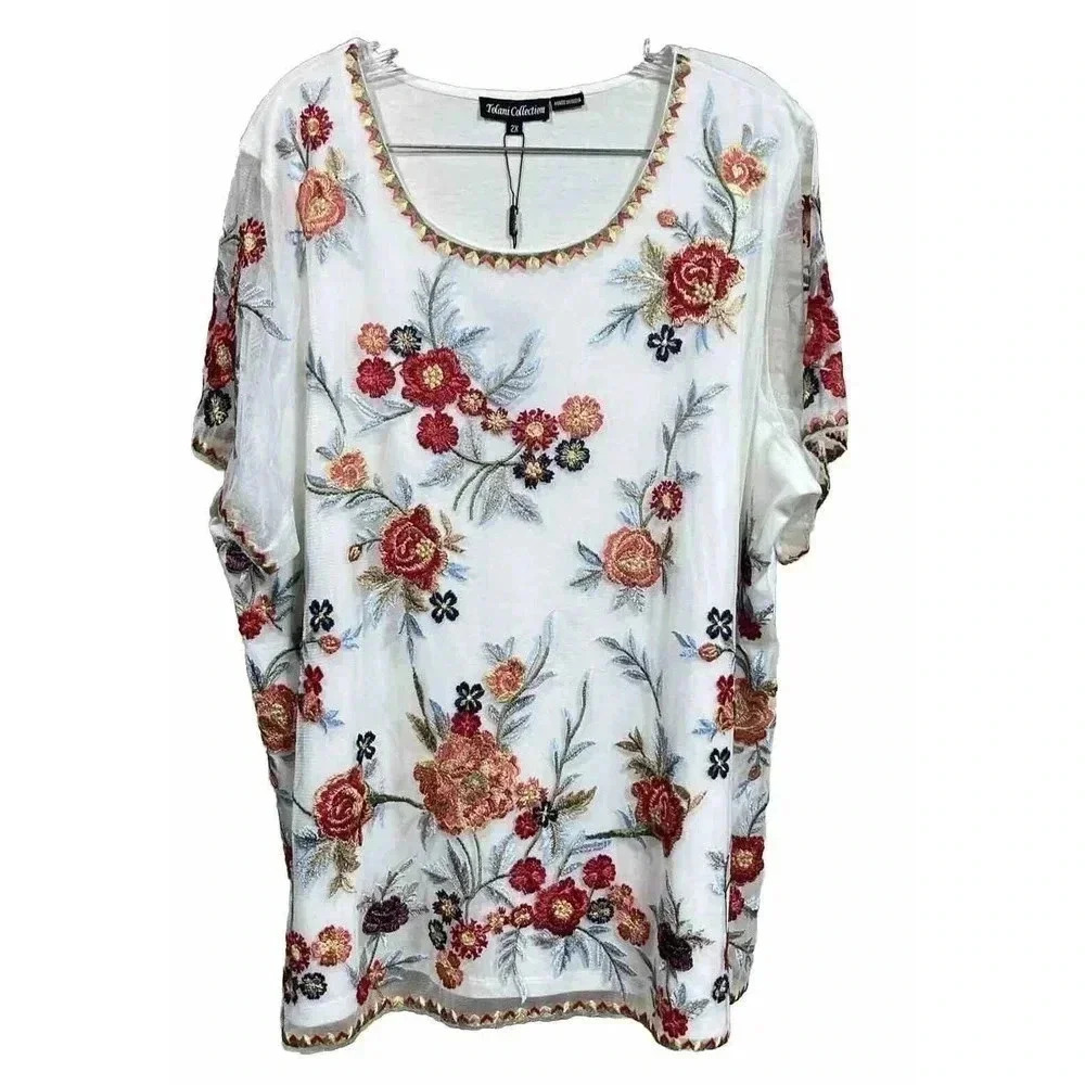 Tolani Collection Womens 2x 100% Cotton Top Sheer Overlay Embroidered Flowers